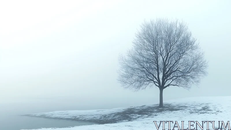 Solitary winter tree in serene blue mist landscape.