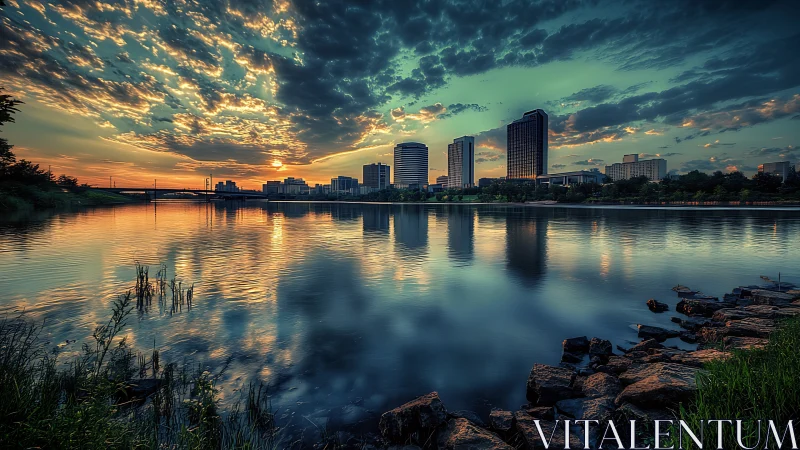 Urban skyline mirrored in river under vivid teal sunset.