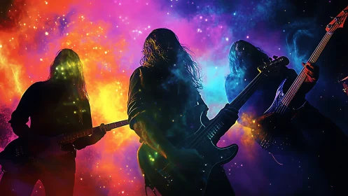 Silhouetted rock band with guitars before multicolor nebula.