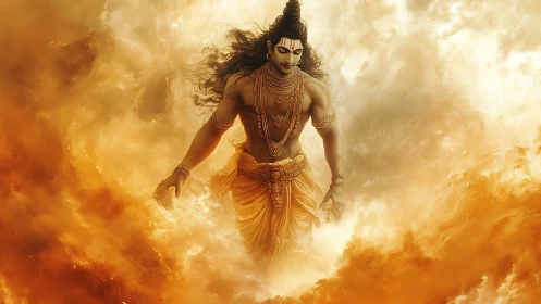 Storm-clad deity strides through blazing celestial clouds.