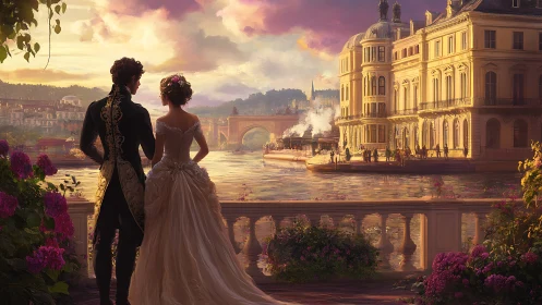 Victorian couple overlooking sunlit riverfront palace terrace.