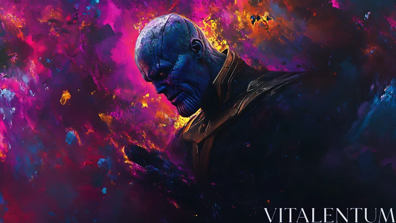 Cosmic warlord profile rendered in neon nebula color fields