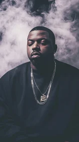 Calm portrait of a confident man resting in soft swirling smoke.