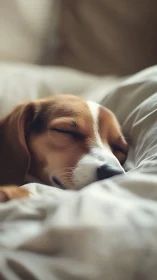 Dreaming beagle curls into linen clouds and dozes deeply