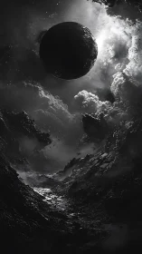 Dark planet above storm carved abyss in monochrome void.
