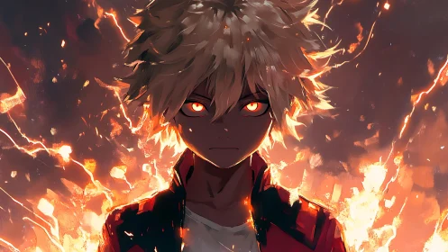Young figure stands amid stylized flames with intense gaze
