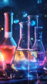 Chromatic laboratory glassware under luminescent spectral glow.