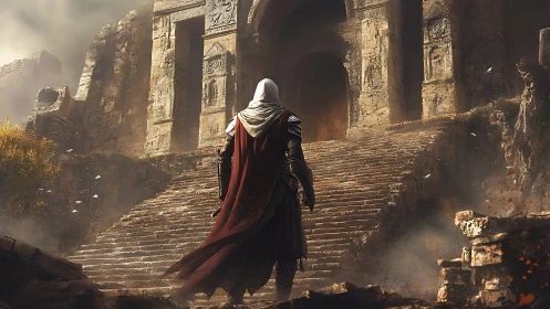 Cloaked warrior ascends eroded stone stairway to ancient portal
