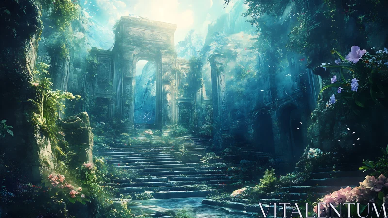 Sunlit overgrown temple staircase within misted mountain ravine.