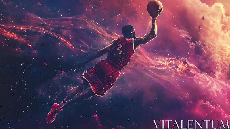 Basketball player in midair against abstract cosmic backdrop.