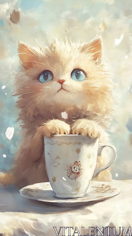 Cream-Colored Fluffy Cat Perched in Porcelain Teacup