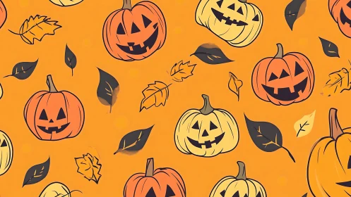 Halloween jack-o-lantern pattern with autumn foliage.