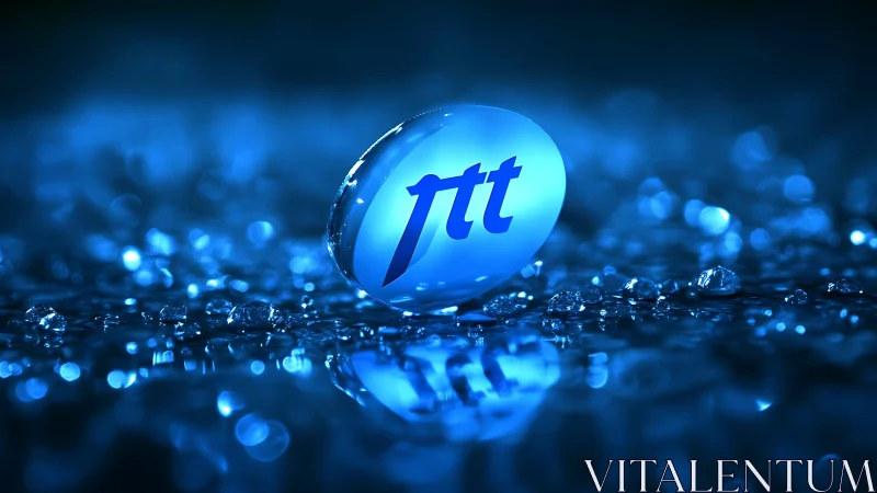 Blue droplet logo sphere with reflective water surface.