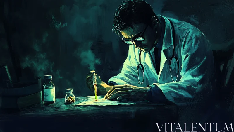 Doctor studies syringe sample under moody lab lighting scene.