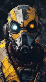 Weathered yellow combat android portrait with dual optic cores