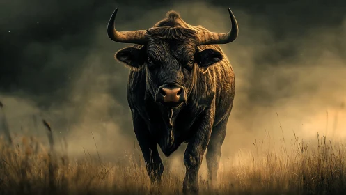 Powerful horned bull strides through dramatic golden haze.