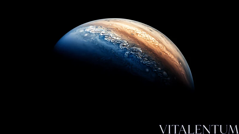 Storm-sculpted gas giant quietly curves through the dark