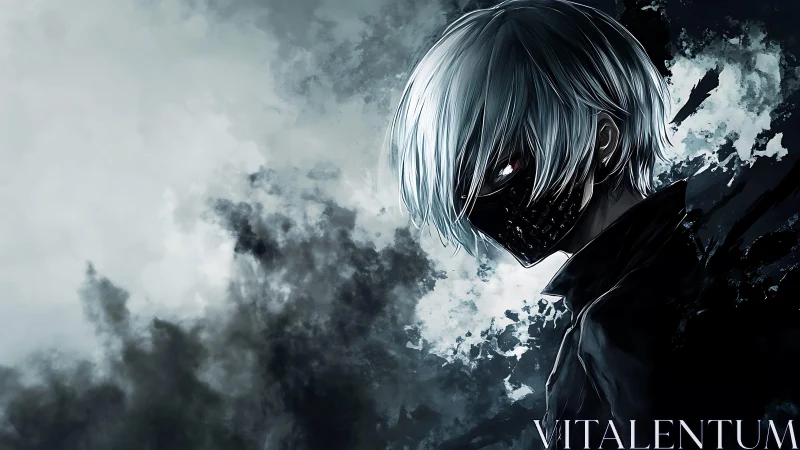 Masked silver-haired figure in monochrome storm haze profile.