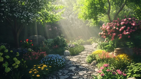Stone garden path through dense flowering vegetation.