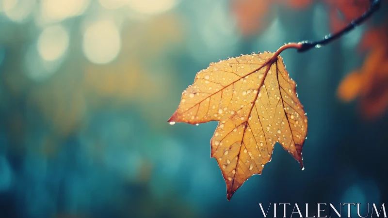 Golden autumn leaf glistening softly after gentle rain.