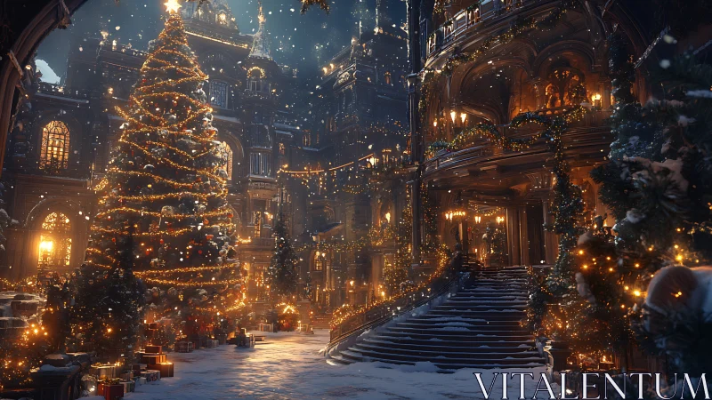 Majestic palace courtyard glows under a grand Christmas tree