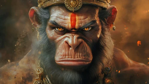 Mythic warrior ape glares through embers in a fiery haze