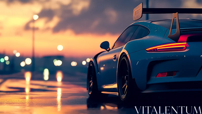 Track-ready sports car glows against a moody sunset cityscape