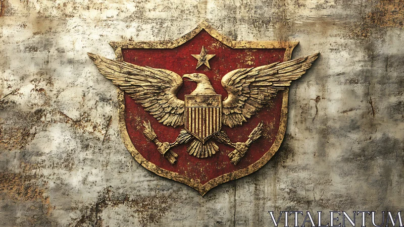 Aged golden eagle crest on distressed red shield.