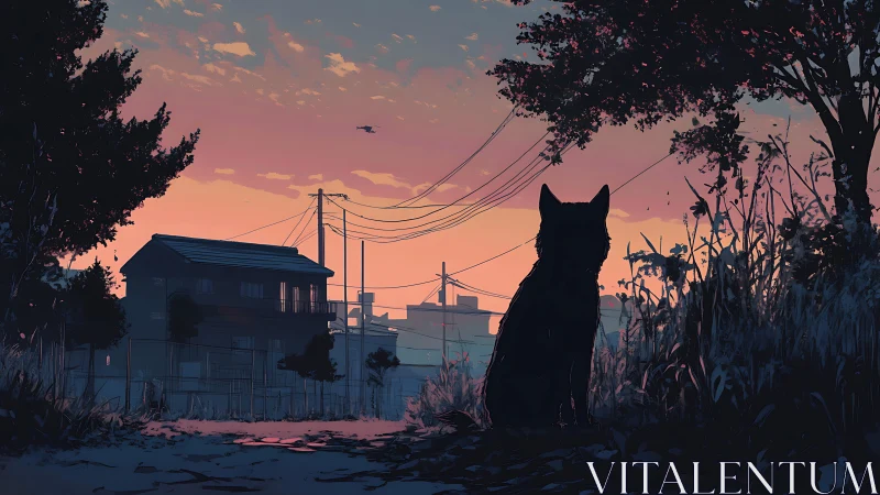 Silhouetted dog watches suburban skyline at dusky sunset.