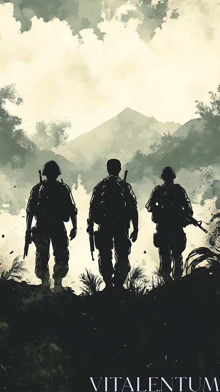 Silhouetted soldiers stand united against a misty mountain dawn