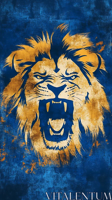 Roaring lion head illustration on textured blue background.