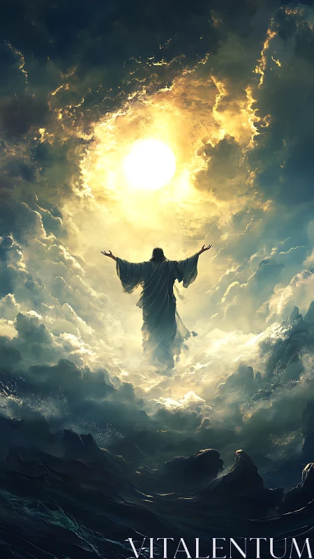 Celestial figure rises through storm-torn clouds toward sun