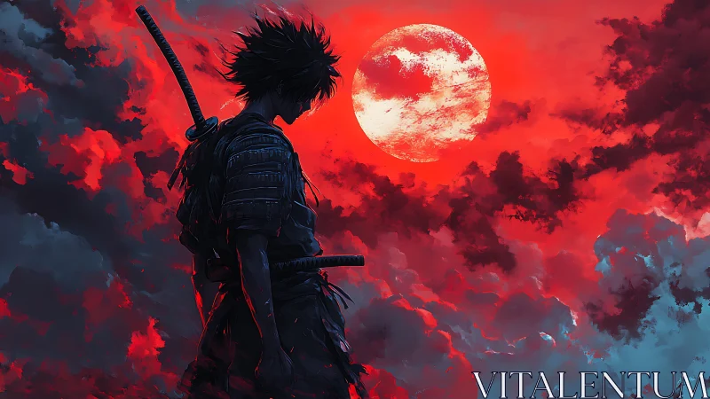 Silhouetted samurai stands beneath oversized crimson lunar eclipse