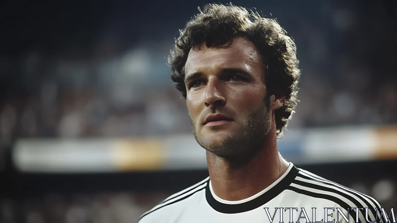 Male football player in striped jersey under stadium lights.