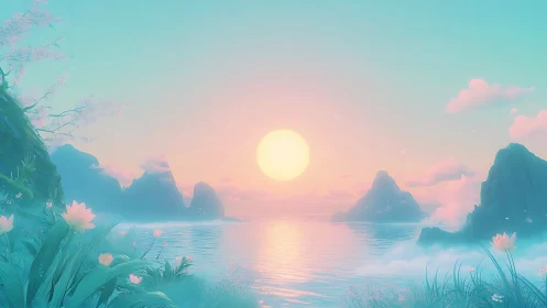Pastel sunrise glows over tranquil fantasy mountain lake