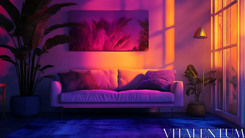 Modern living room in neon sunset gradient lighting.