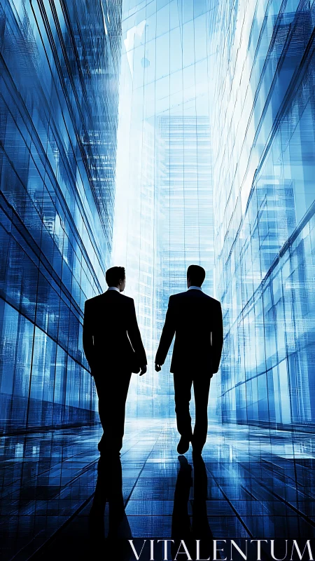 Two figures in glass corridor architecture.