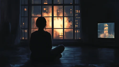 Solitary figure watches a burning city through a dark window