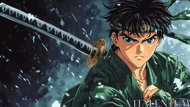 Storm-eyed swordsman poised between courage and doubt.