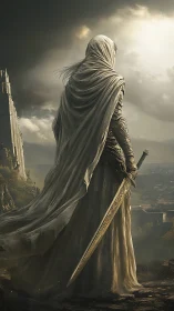 Hooded knight stands over misty valley holding engraved sword