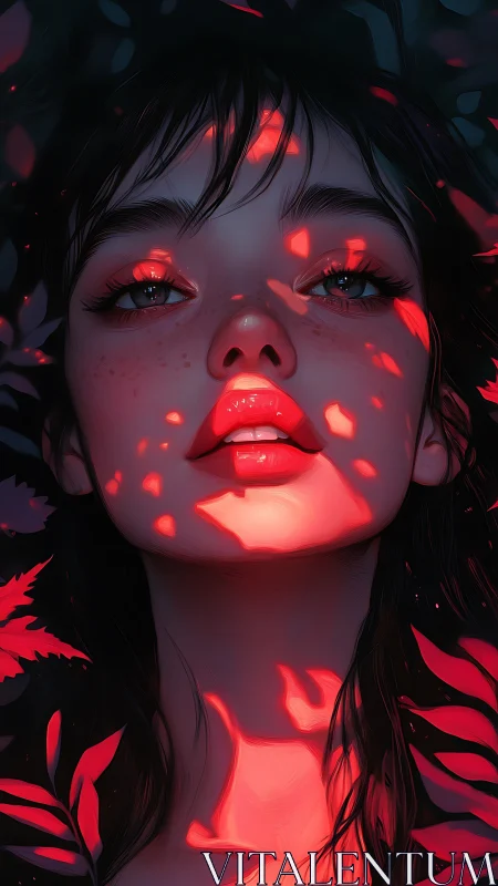 Luminous portrait of girl under dappled crimson foliage glow.