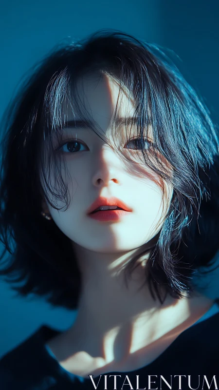 Cinematic close-up portrait in teal blue directional light.