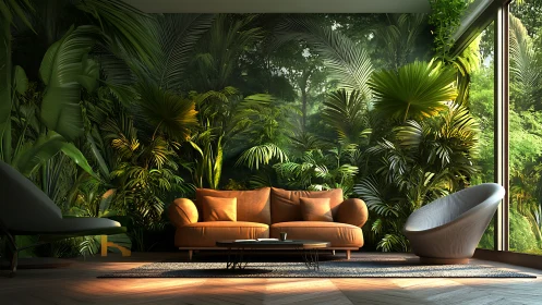 Midcentury sofa anchors biophilic interior with jungle backdrop