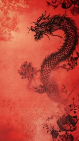 Coiled oriental dragon unfurls across textured red sky