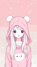 Soft pastel anime portrait with pink hoodie character design.
