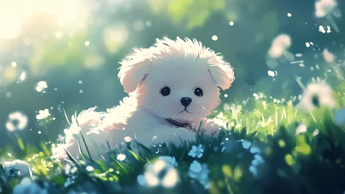 Fluffy white puppy rests in glowing spring meadow light.