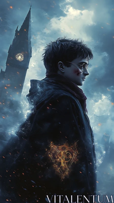 Teen figure in cloak near clock tower under stormy sky.