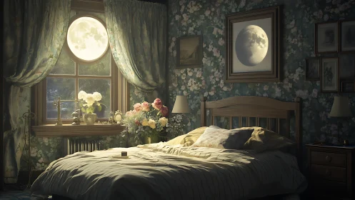 Moonlit bedroom sanctuary wrapped in soft floral nostalgia.