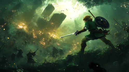 Heroic swordsman confronts enemies in a blazing emerald forest.