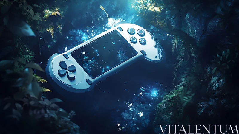 Futuristic handheld console in glowing forest stream.